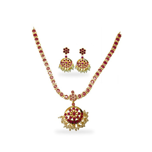 Gold Plated Necklace With Pink Stone And Pearls
