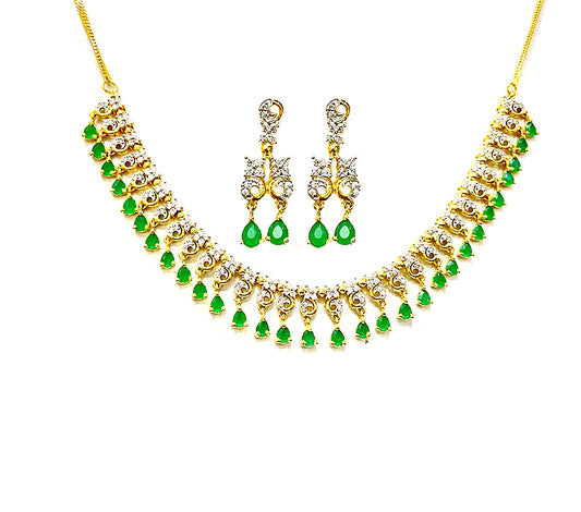 Gold Plated Necklace With White & Green Stones