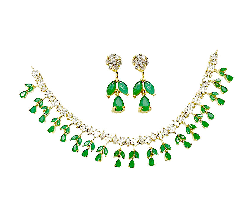 Gold Plated Necklace With White & Green Stones