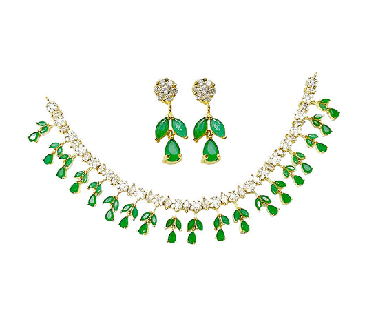 Gold Plated Necklace With White & Green Stones