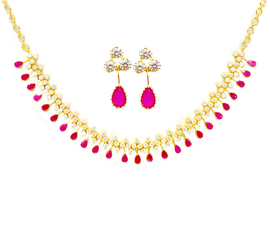 Gold Plated Necklace With White & Pink Stones