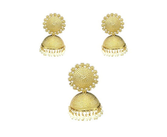 Gold plated jhumka dollar set with white pearls