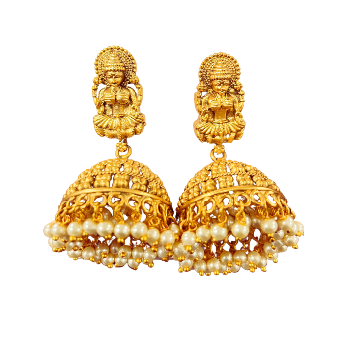 Gold Plated lakshmi Design Jhumka with White Pearls