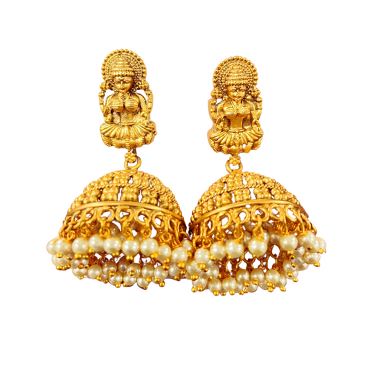 Gold Plated lakshmi Design Jhumka with White Pearls