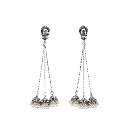 Oxidised chained Jhumka hanging with pearls