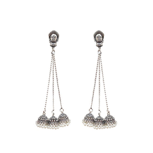 Oxidised chained Jhumka hanging with pearls