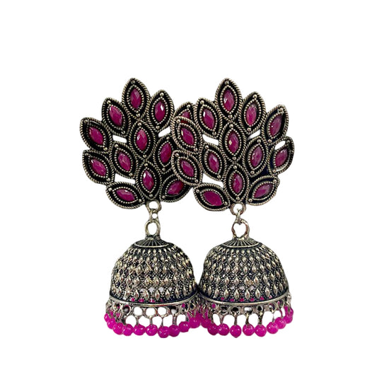 Oxidised classic casual jhumkas with pink stones