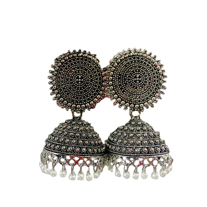 Oxidised classic metal jhumkas with white pearls
