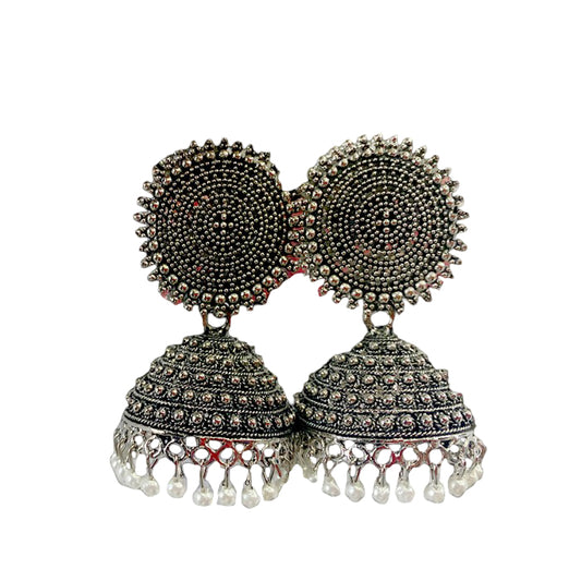Oxidised classic metal jhumkas with white pearls