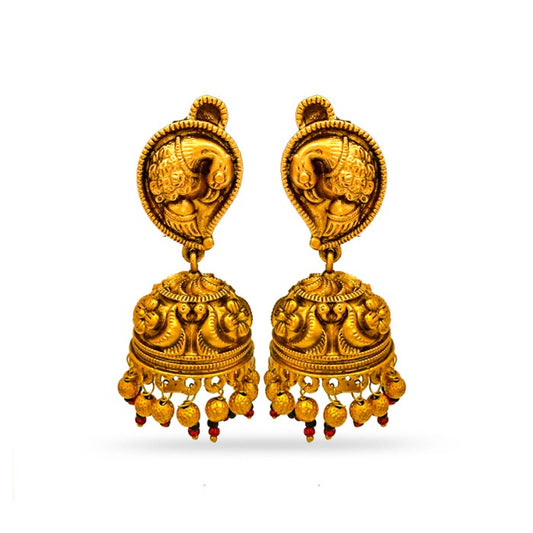 Gold Plated Jhumkas With Golden Peacock And Beads