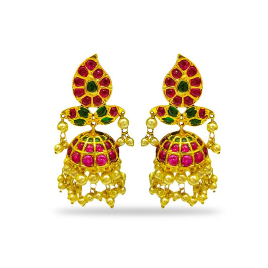 Gold Plated Jhumkas With Golden Peacock And Beads