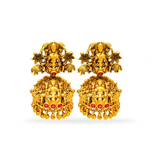 Gold Plated Jhumkas With Golden Beads And Lakshmi