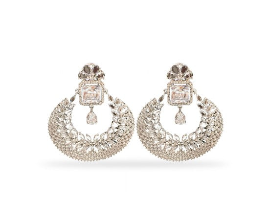 Silver Round Jhumka With White Stones