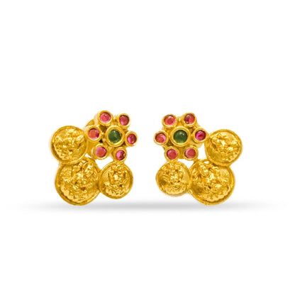 Gold Plated Stud With Pink Green Stone And Kaasu Design