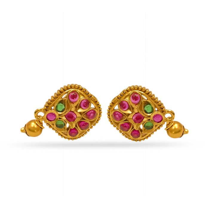 Gold Plated Stud With Green Pink Stone And Small Bead