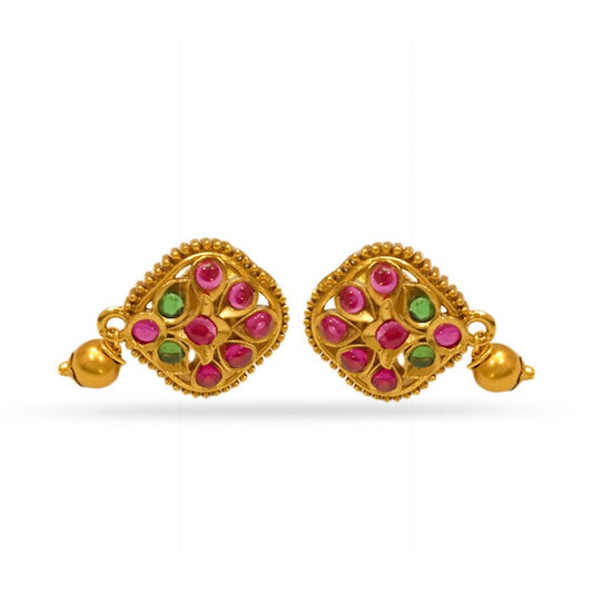 Gold Plated Stud With Green Pink Stone And Small Bead