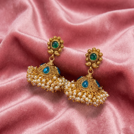 Jhumka with Blue Stones with White Pearls