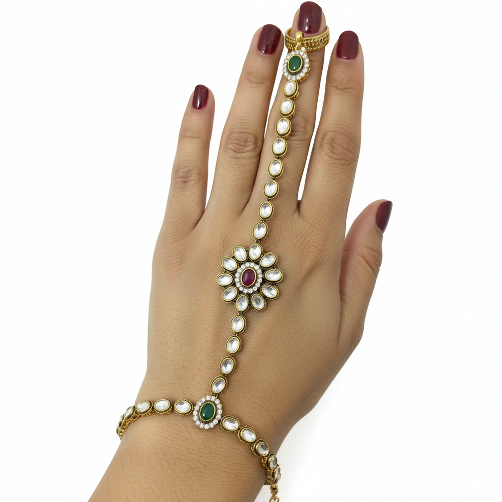 Kundan Stones Bracelet with Ring Model