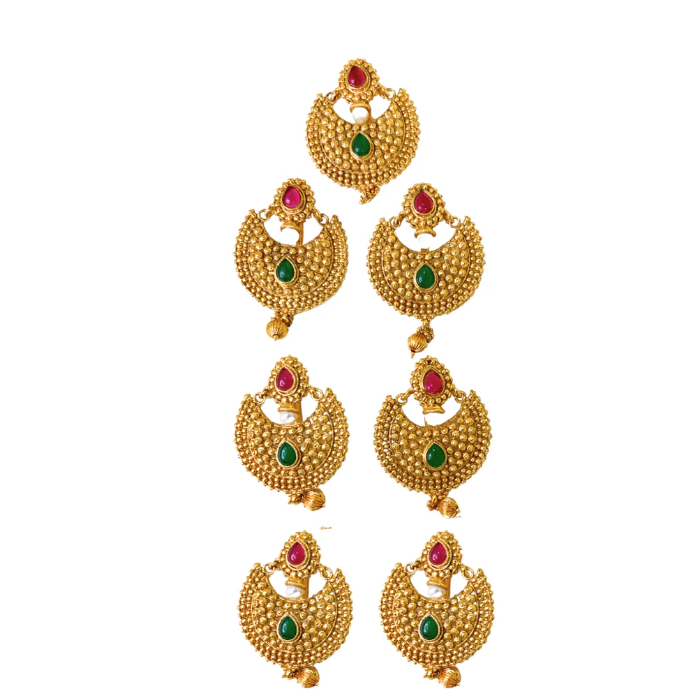Set of Seven Hair Jewellery Chandali Design with Red and Green Stones