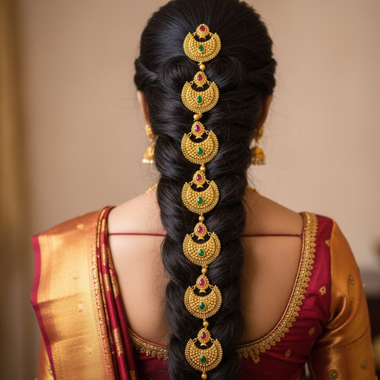 Set of Seven Hair Jewellery Chandali Design with Red and Green Stones