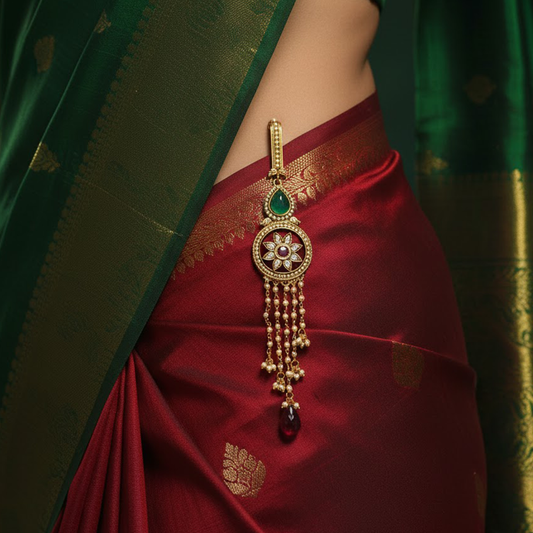 Green Stones with Hanging Pearl Strips Hip Hand