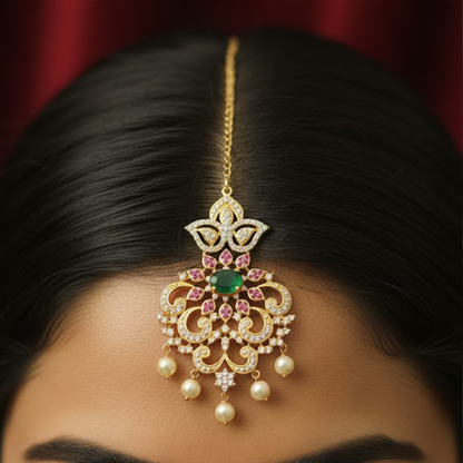 White Stones with Red & Green Maang Tikka
