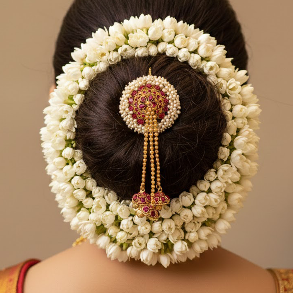 Aandal Kondai Model Hair Jewellery with Red Stones