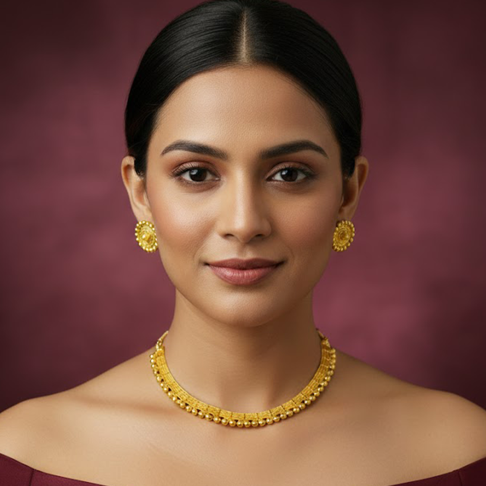 Gold Plated Choker Necklace with Gold Round Stud Earring