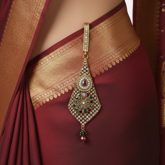 Studded White Green and Red Stone Saree Hanger