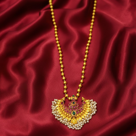Half Moon Dollar Chain with Red Stones and Hanging Pearls