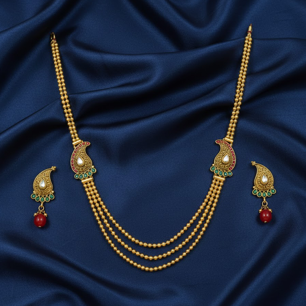Maanga Design Three String Chain with Red & Green Stones
