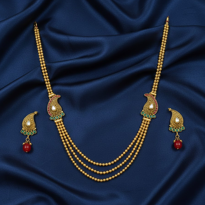 Maanga Design Three String Chain with Red & Green Stones