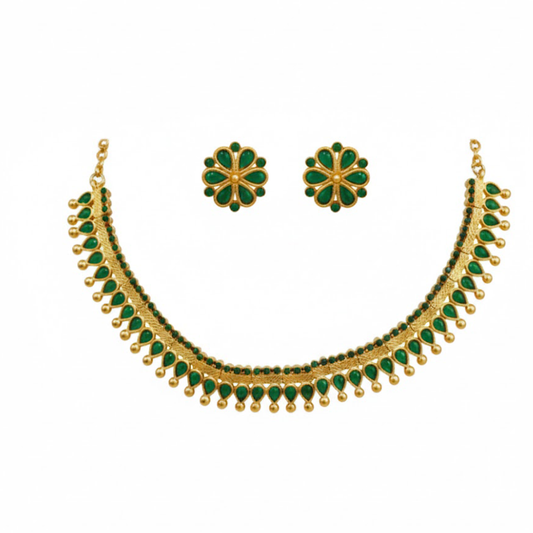 Green Stones Pattern Necklace With Flower Earrings