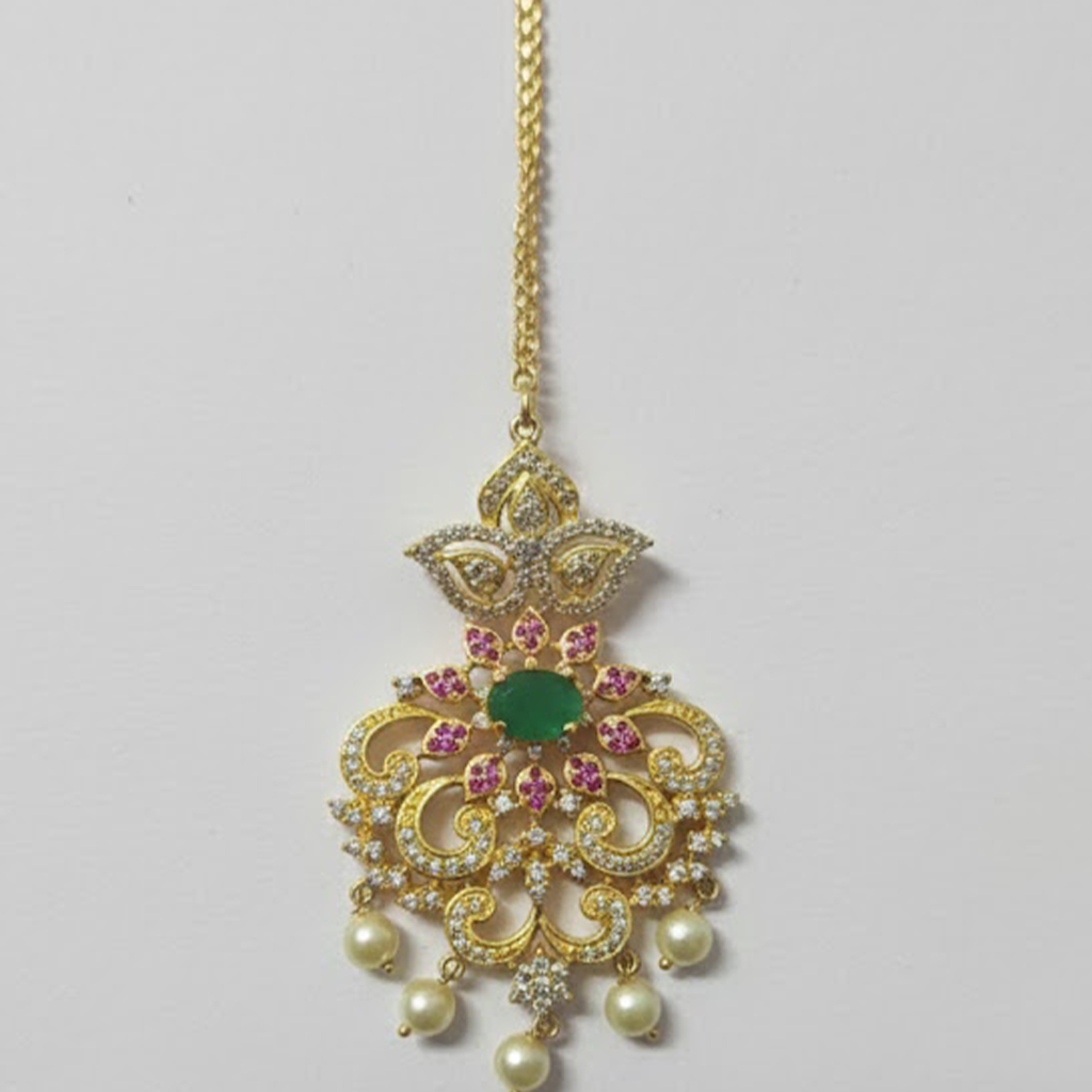 White Stones with Red & Green Maang Tikka
