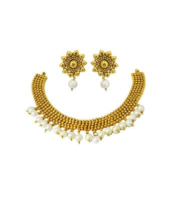 Gold plated sequence chocker necklace with white pearls