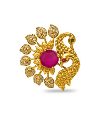 Gold Plated Ring With Peacock Design White And Pink Stone 