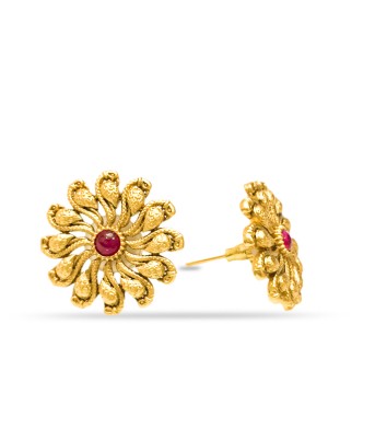 Gold Plated Studs With Red Stone And Flower Design